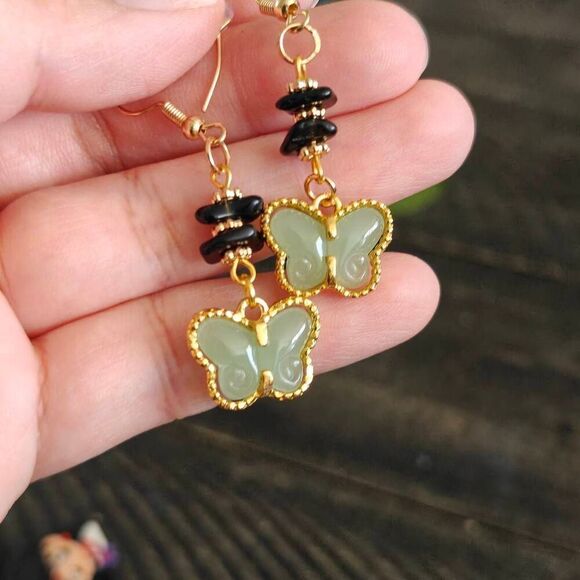 Faux Jade Butterfly Stone Dangle Earrings - Picture 4 of 4